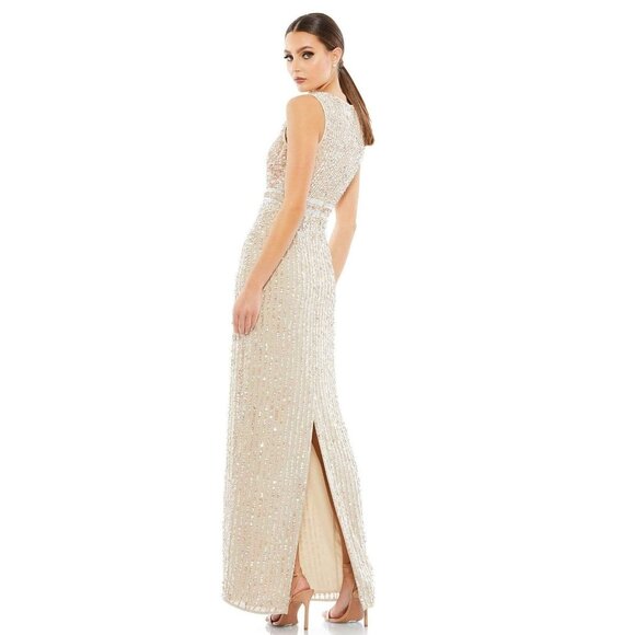 FLAW - NWT Mac Duggal Sequined High Neck Sleeveless Column Gown Nude 2 #A0187 - Picture 7 of 14